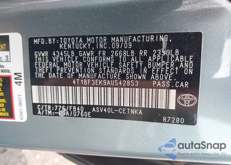 2010 Toyota Camry Le z USA, uszkodzony, nr VIN 4T1BF3EK9AU542853